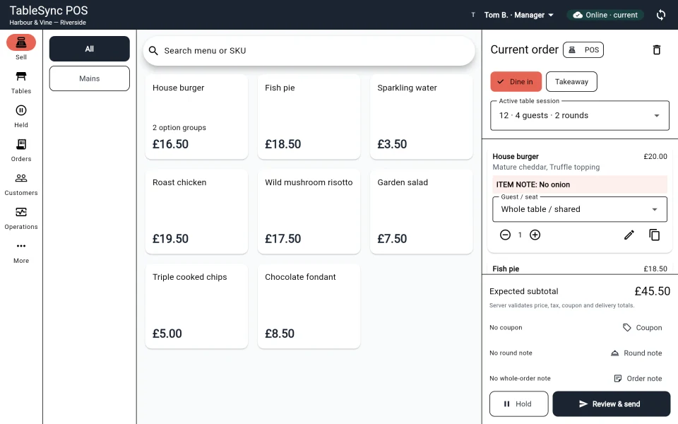 Actual TableSyncAI POS menu and basket, shown with synthetic restaurant demonstration data.